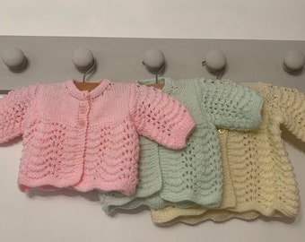 Hand Knit Baby Cardigan: Feather & Fan Matinee Jacket
