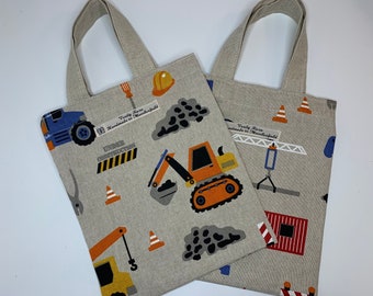 Boys mini bag, mini shopper, construction vehicles, childrens gift, kids shoe bag, party bag, mini changing bag, childs tote bag,