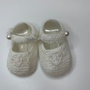 Baby Booties, Baby shoes, Hand knit, Baby Bootees, white pram shoes, navy spot bows, pearl applique, 0-3 months image 2