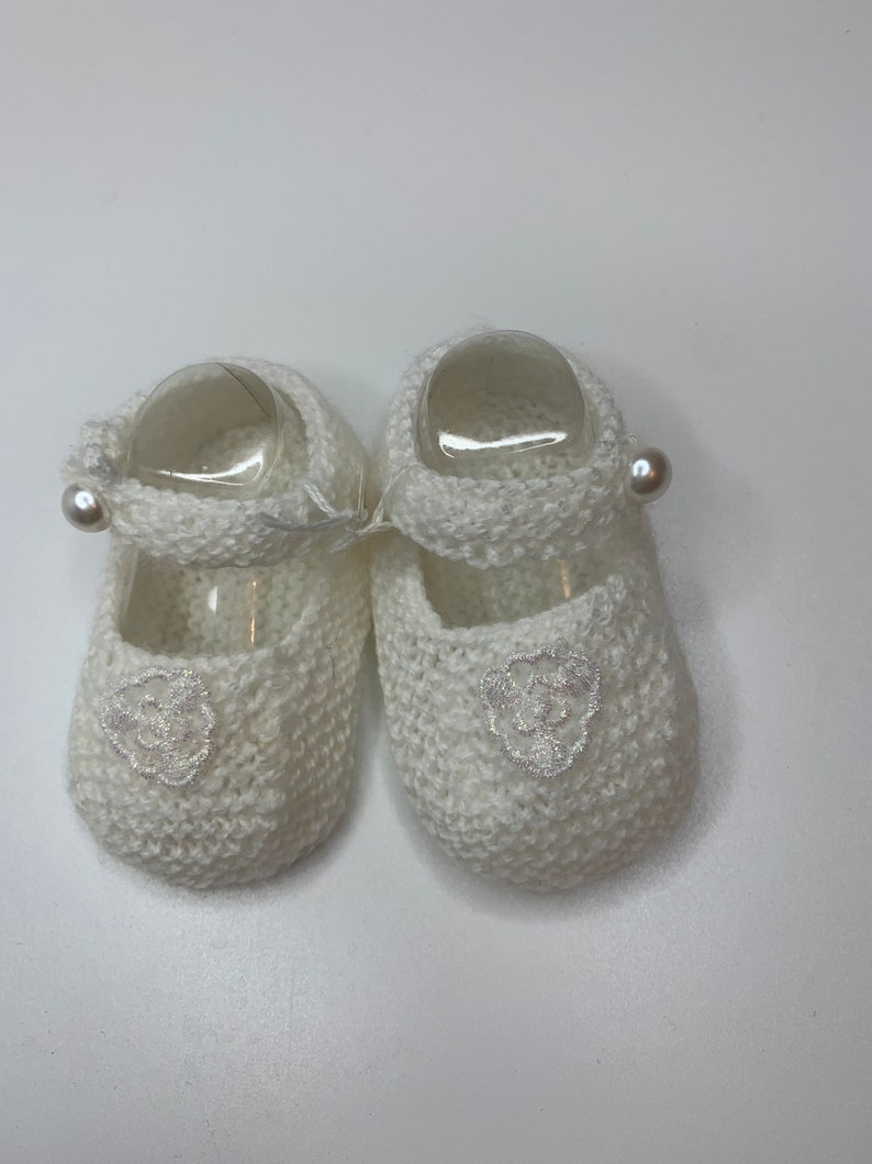 Baby Booties, Baby shoes, Hand knit, Baby Bootees, white pram shoes, navy spot bows, pearl applique, 0-3 months image 2