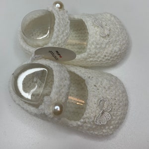 Baby Booties, Baby shoes, Hand knit, Baby Bootees, white pram shoes, navy spot bows, pearl applique, 0-3 months image 3