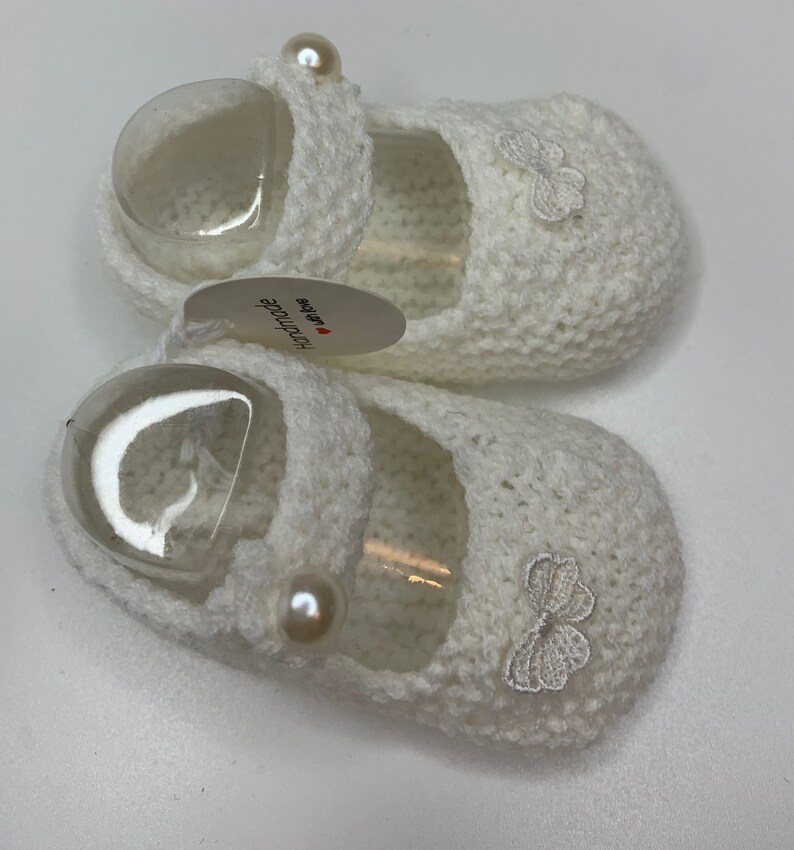 Baby Booties, Baby shoes, Hand knit, Baby Bootees, white pram shoes, navy spot bows, pearl applique, 0-3 months image 3