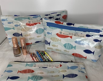 Zip up bag, Fish pencil case, vinyl make-up bag, nautical crayon case, sealife toiletries bag, pencil pouch,