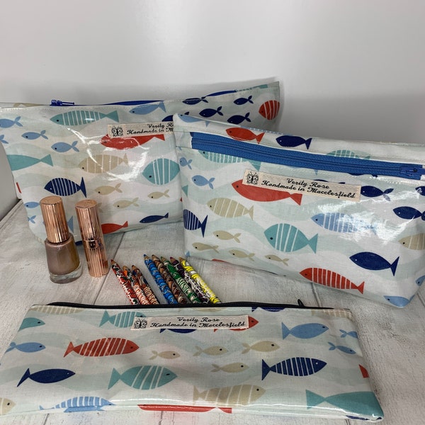 Zip up bag, Fish pencil case, vinyl make-up bag, nautical crayon case, sealife toiletries bag, pencil pouch,