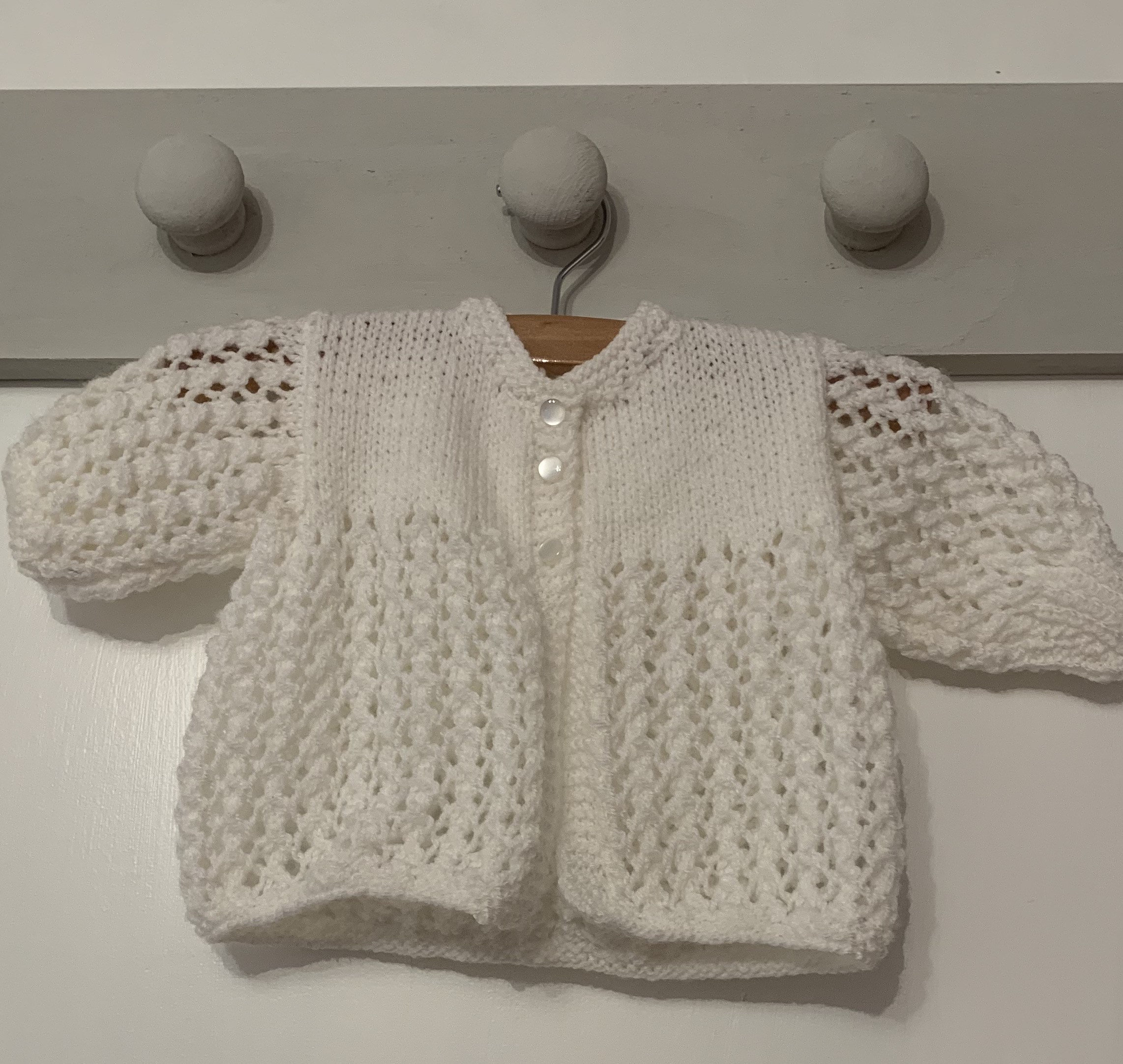 Hand Knit Baby Matinee Jacket: White Acrylic Cardigan (0-3 Months)