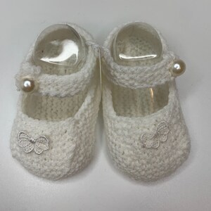 Baby Booties, Baby shoes, Hand knit, Baby Bootees, white pram shoes, navy spot bows, pearl applique, 0-3 months image 4