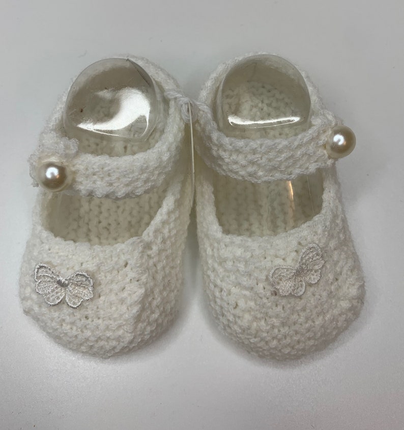 Baby Booties, Baby shoes, Hand knit, Baby Bootees, white pram shoes, navy spot bows, pearl applique, 0-3 months image 4