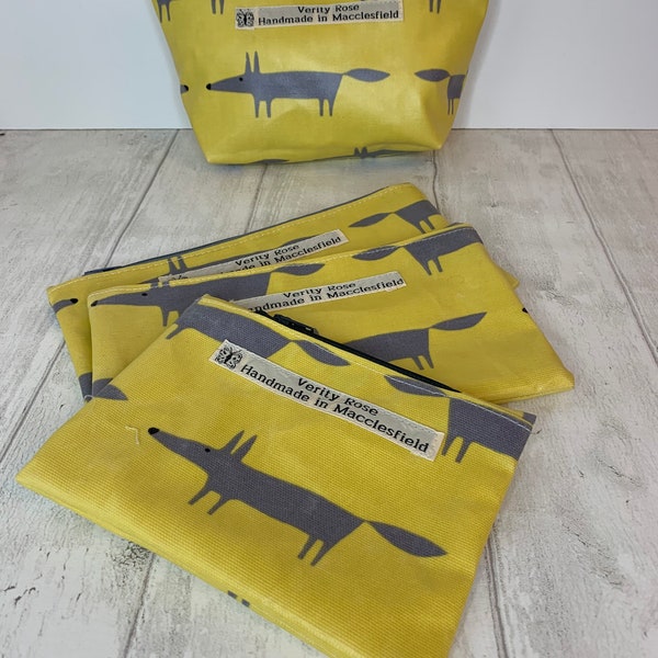 Fox pencil case, zip up bag, make-up bag, fox lovers gift, oilcloth, yellow and grey, cisneruc bag,