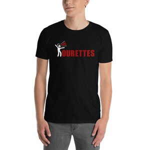 May include: Black t-shirt with a white stick figure yelling "GORE" and the text "OURETTES" in red.