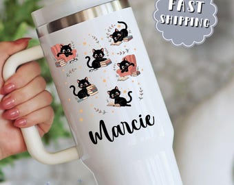 Personalized Cat & Books Tumbler: 40 oz Insulated Gift for Book Lovers