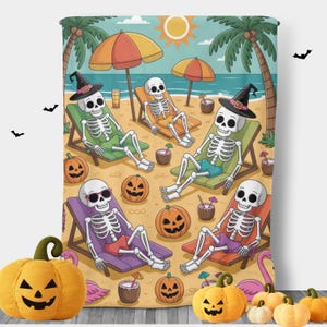 Halloween Blanket for Summerween, Skeletons and Flamingos, Tropical Spooky Season Decor, Kids Halloween Blanket
