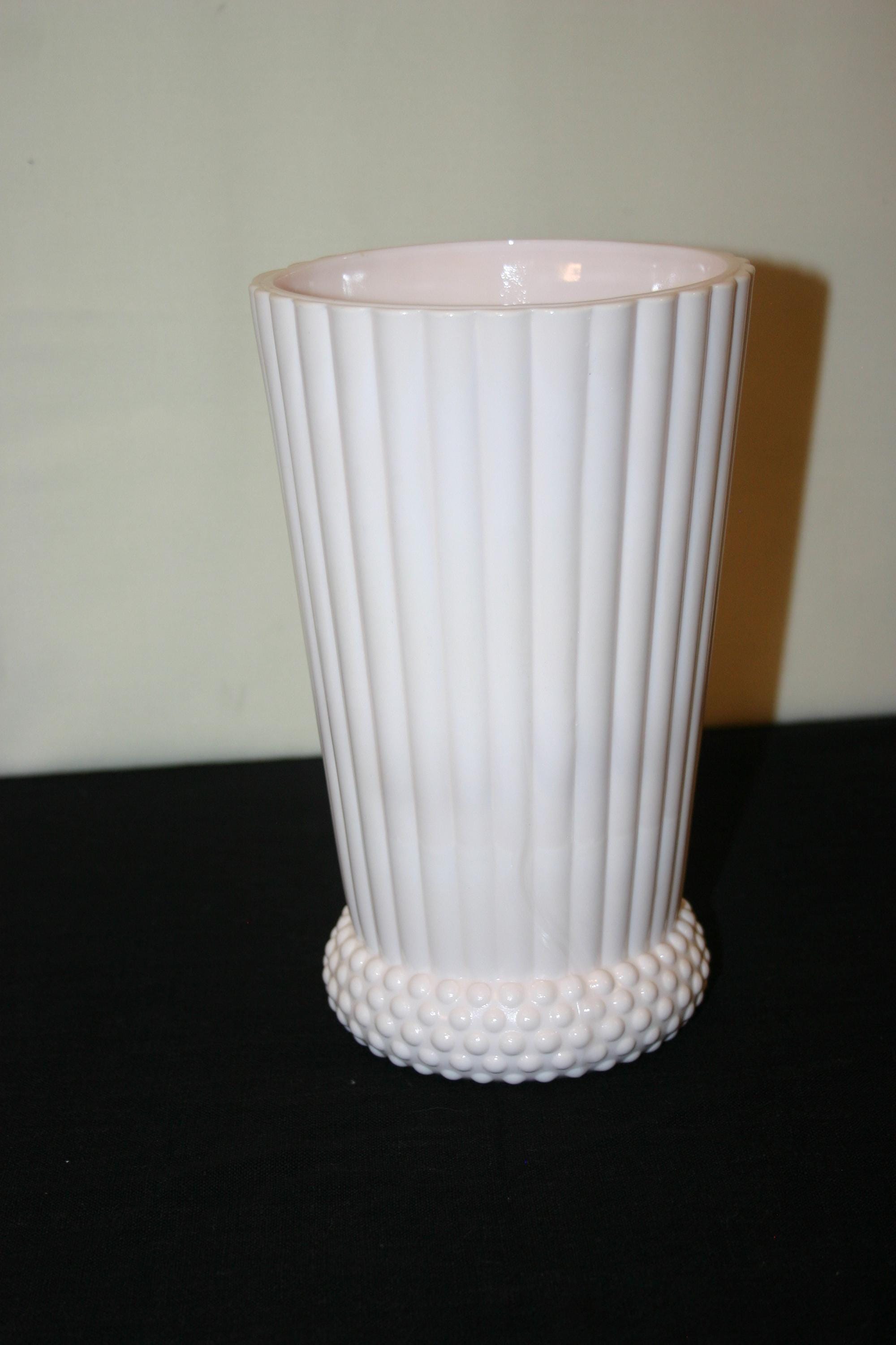 VTG Jeanette Glass Company Shell Pink Milk Glass Hobnail Vase  9” tall. B-182