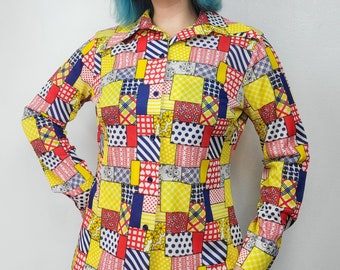 Vintage 1970s Primary Colors Mixed Print Patchwork Blouse