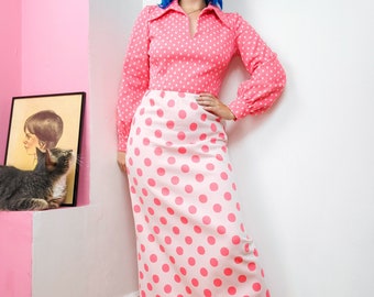 Vintage 1970s Split Tone Pink Polkadot Long Sleeve Maxi Dress