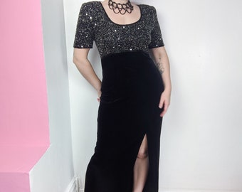Vintage 90s Beaded Top Black Velvet Side Slit Evening Gown / Maxi Dress / Prom Dress