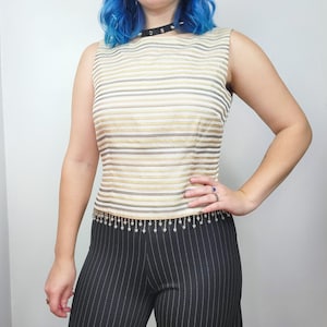 Vintage 90s Gold Metallic Striped Beaded Fringe Formal Tank Top