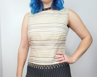 Vintage 90s Gold Metallic Striped Beaded Fringe Formal Tank Top