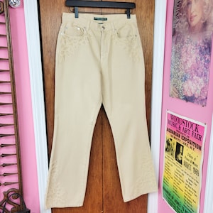 Vintage 90s/Y2K Ralph Lauren Light Tan Lace Trim Boot Cut Jeans