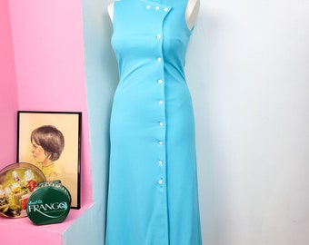 Vintage 1960s Aqua Blue Sleeveless A-line Maxi Dress