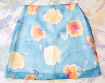 Vintage 90s Deadstock Blue Floral Print Mini Skirt