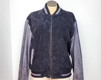 Vintage 90s Black & Grey Suede Color Block Varsity Bomber Jacket