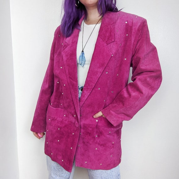 VTG 80s Hot Pink Rhinestone Suede Leather Blazer J