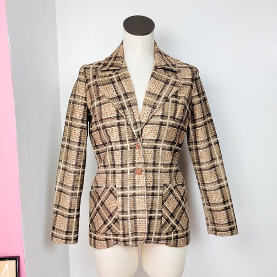 Vintage 1970s Brown / Tan Plaid Print Blazer Jack… - image 1