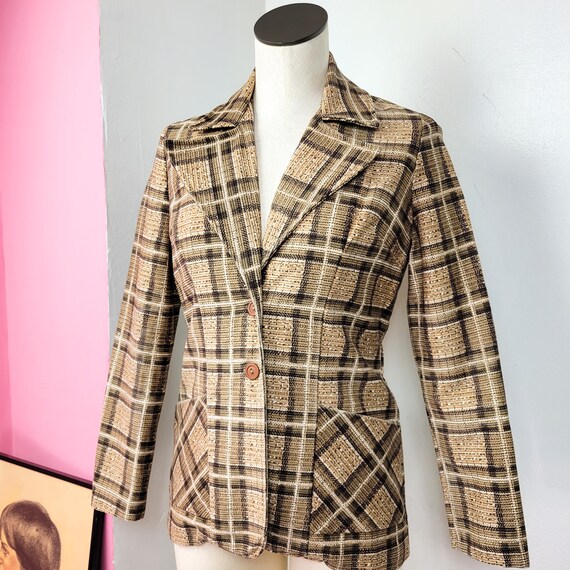 Vintage 1970s Brown / Tan Plaid Print Blazer Jack… - image 3