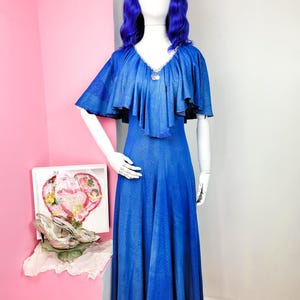 Vintage 70er Jahre Custom Made Blau Funkelndes Maxi Kleid/Kleid