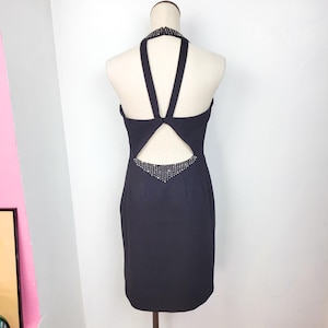 Vintage 90s Deadstock Black Beaded Trim Open Back Halter Sheath Dress