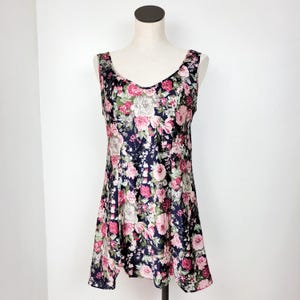 Vintage 90s Val Mode Navy & Pink Floral Print Satin Slip Dress
