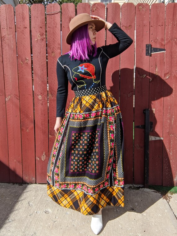 VTG 70s Handmade Mixed Print Maxi Skirt