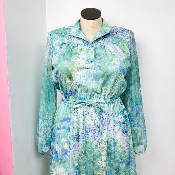 Vintage 1970s Blue / Green Watercolor Floral Prin… - image 2