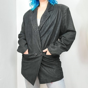 Vintage 1980s Berman&#39;s Black Reptile Skin Suede Blazer Style Leather Jacket