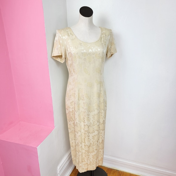 Vintage 90s Dawn Joy Fashions Ivory Floral Print Brocade Maxi Dress