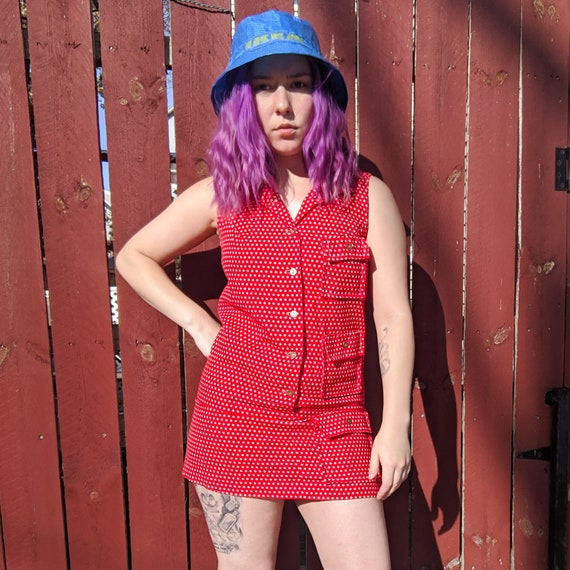 VTG 60s Red Daisy Print Mod Micro Mini Dress