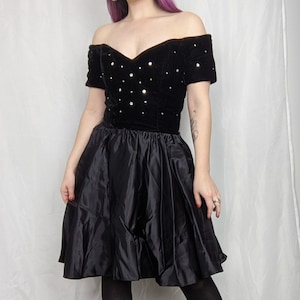 Vintage 80s Deadstock Black Off the Shoulder Rhinestone Party Dress by Jessica Howard