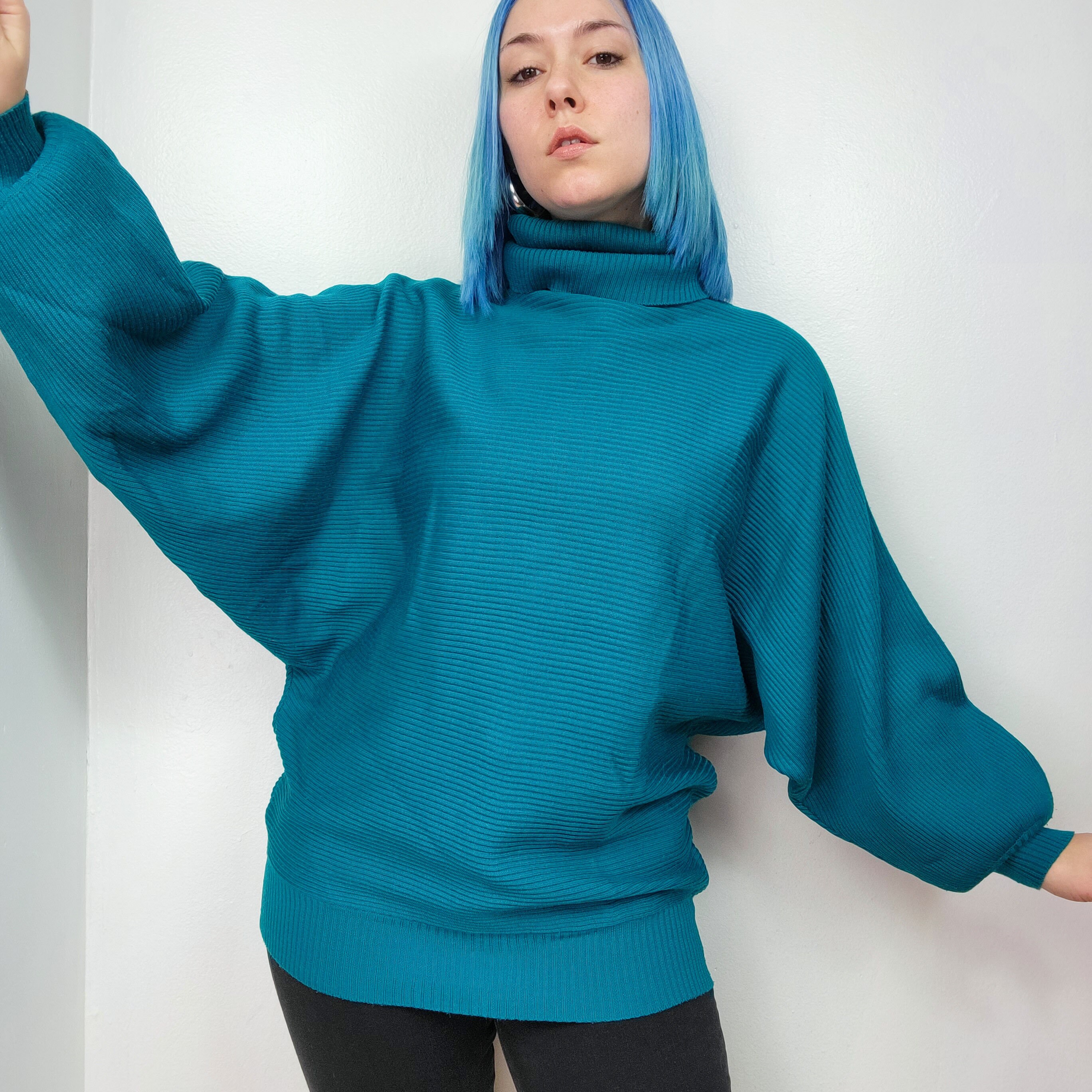 Vintage 80s Teal Ribbed Knit Batwing 