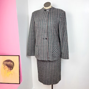 Vintage 80s Does 40s Multi Color Striped Two Piece Skirt Suit Set
