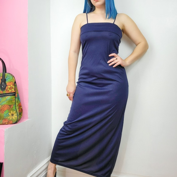 Vintage 90s Navy Glitter Spaghetti Strap Maxi Dress