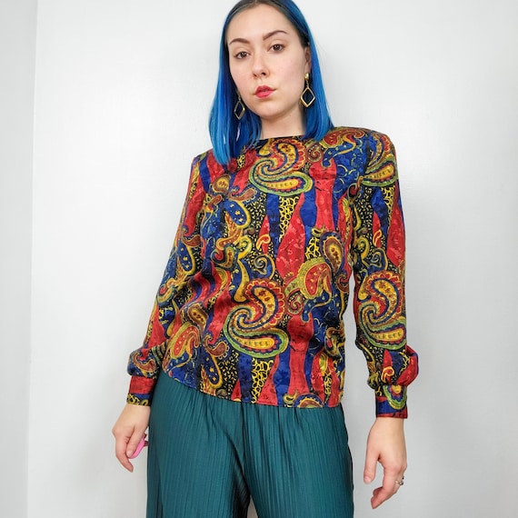 Vintage 80s/90s Bold Primary Color Paisley Printe… - image 2