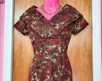 Vintage 1950s Handmade Burgundy Floral Print Wiggle Dress / Cocktail / Formal / Pencil