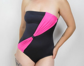 Vintage 80s Black & Neon Pink Strapless Swimsuit