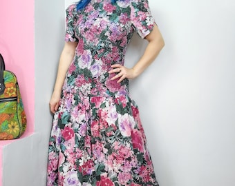 Vintage 1980s Pink Floral Print Drop Waist Midi / Maxi Dress