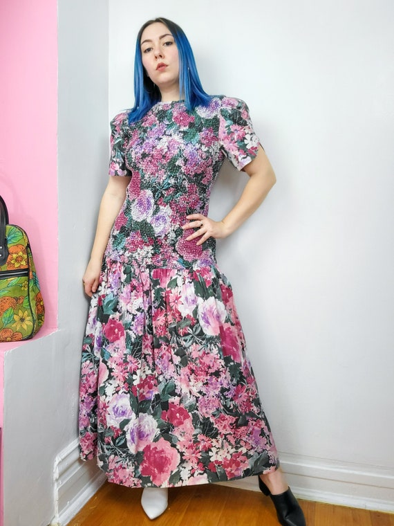 Vintage 1980s Pink Floral Print Drop Waist Midi / 