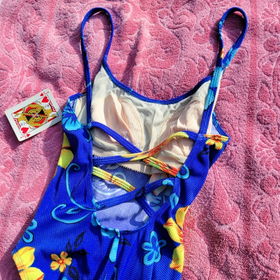 Vintage 90s Blue Tropical Print One Piece Swimsuit - image 6