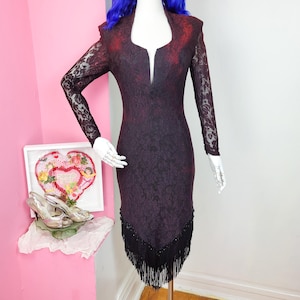 Vintage 90s Lace Long Sleeve Open Back Fringe Trim Bodycon Dress