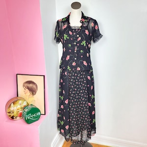 Vintage 90s Nostalgia Black & Pink Floral Print Maxi Dress and Blouse Set