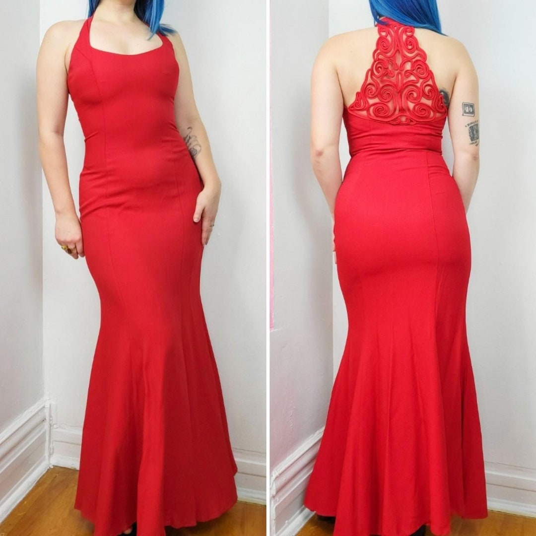 Vintage 90s Jessica Mcclintock Gunne Sax Red Halter Maxi Dress / Prom ...