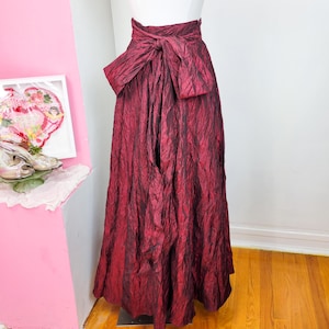 Vintage 90s Deep Red Metallic Crinkled Full Maxi Skirt